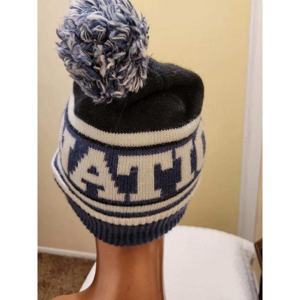 Victorias Secret PINK Nation Blue White Black Pom Pom Beanie Cozy Hat Snow Bunny